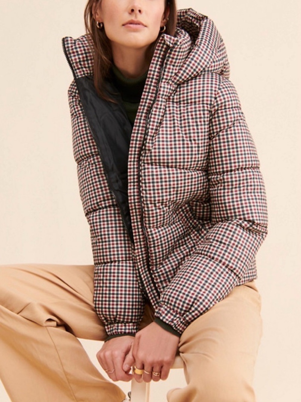 Vero Moda Black, White and Red Houndstooth Quilted Puffer Jacket
